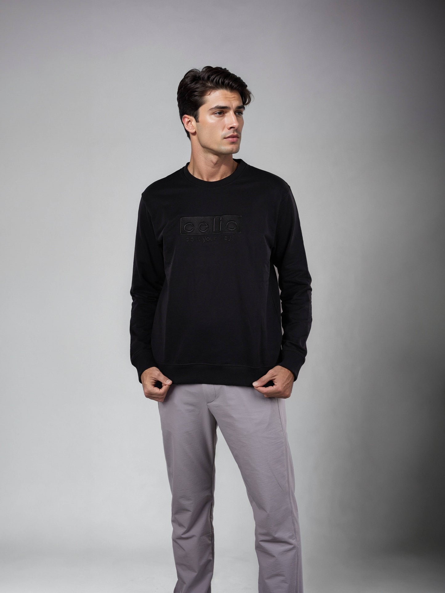 Celio Men Black Embroidered Regular Fit Cotton Sweatshirts