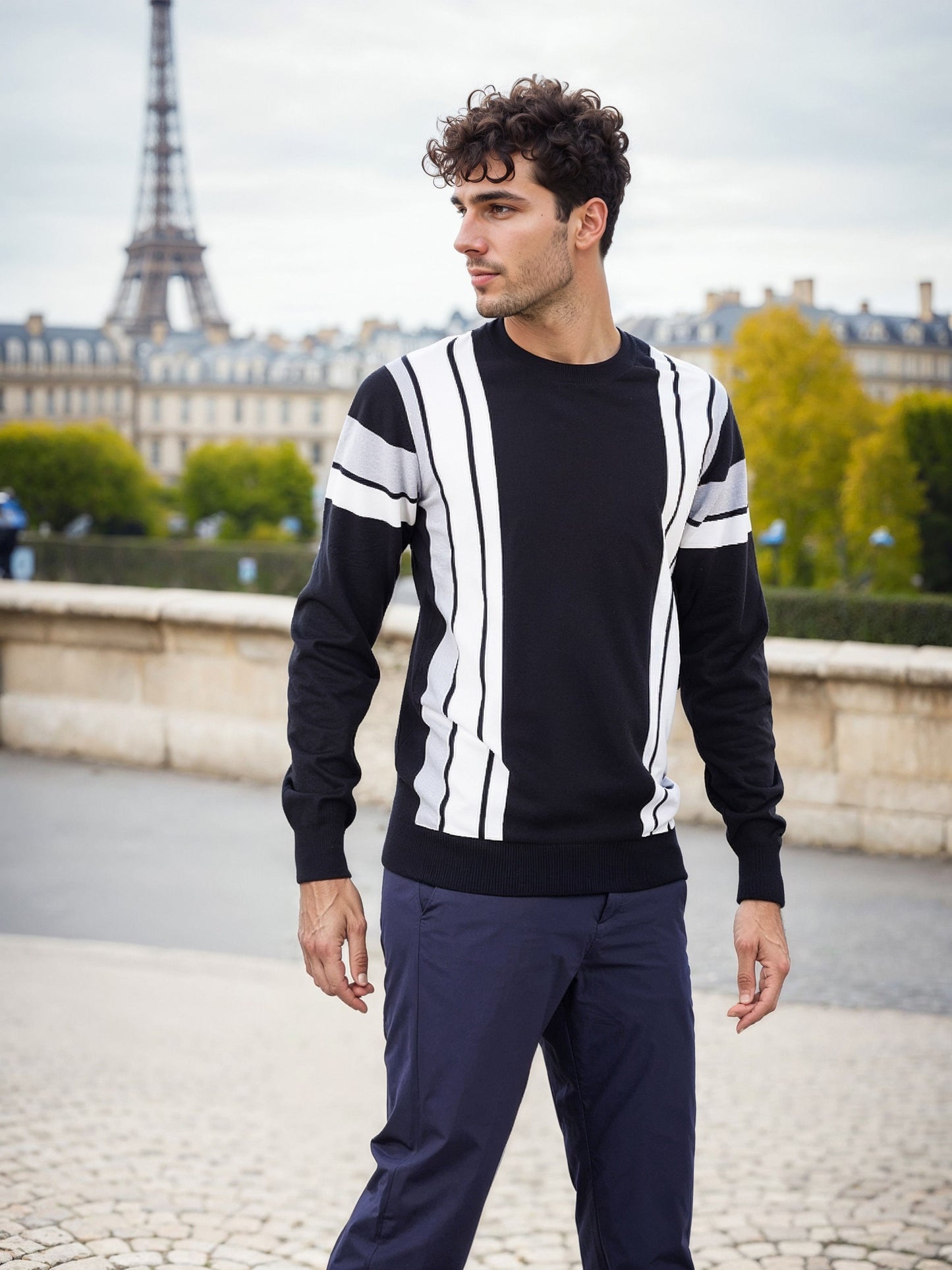 Celio Men Black Striped Regular Fit Cotton Sweaters