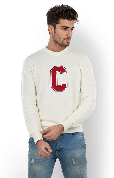 Celio Men Off White Embroidered Regular Fit Cotton Sweaters