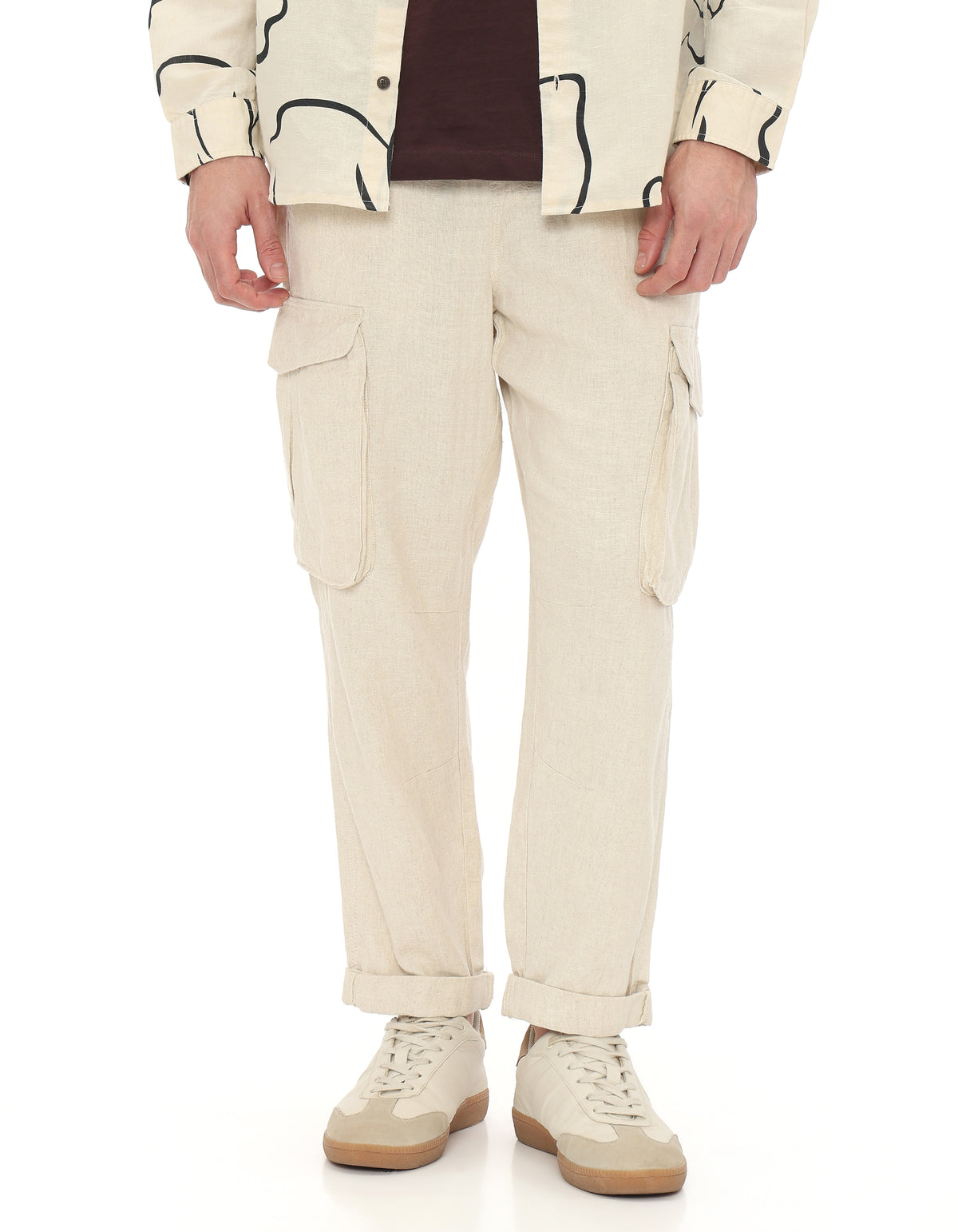 Straight Fit Cotton Linen Trousers - Cream