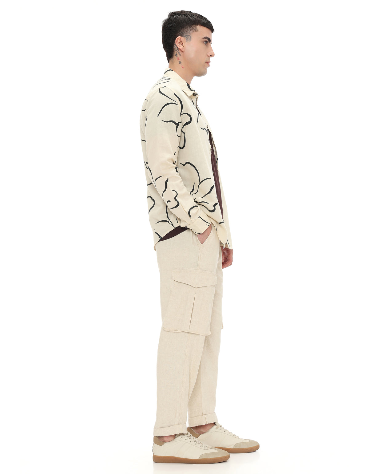 Straight Fit Cotton Linen Trousers - Cream
