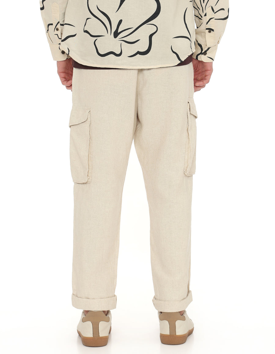 Straight Fit Cotton Linen Trousers - Cream