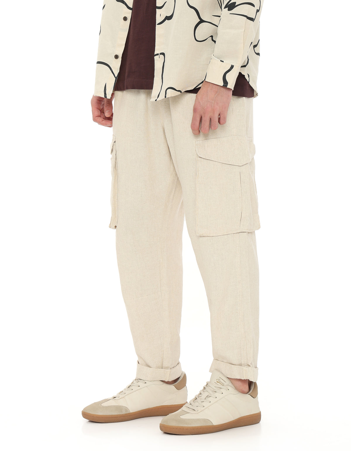 Straight Fit Cotton Linen Trousers - Cream