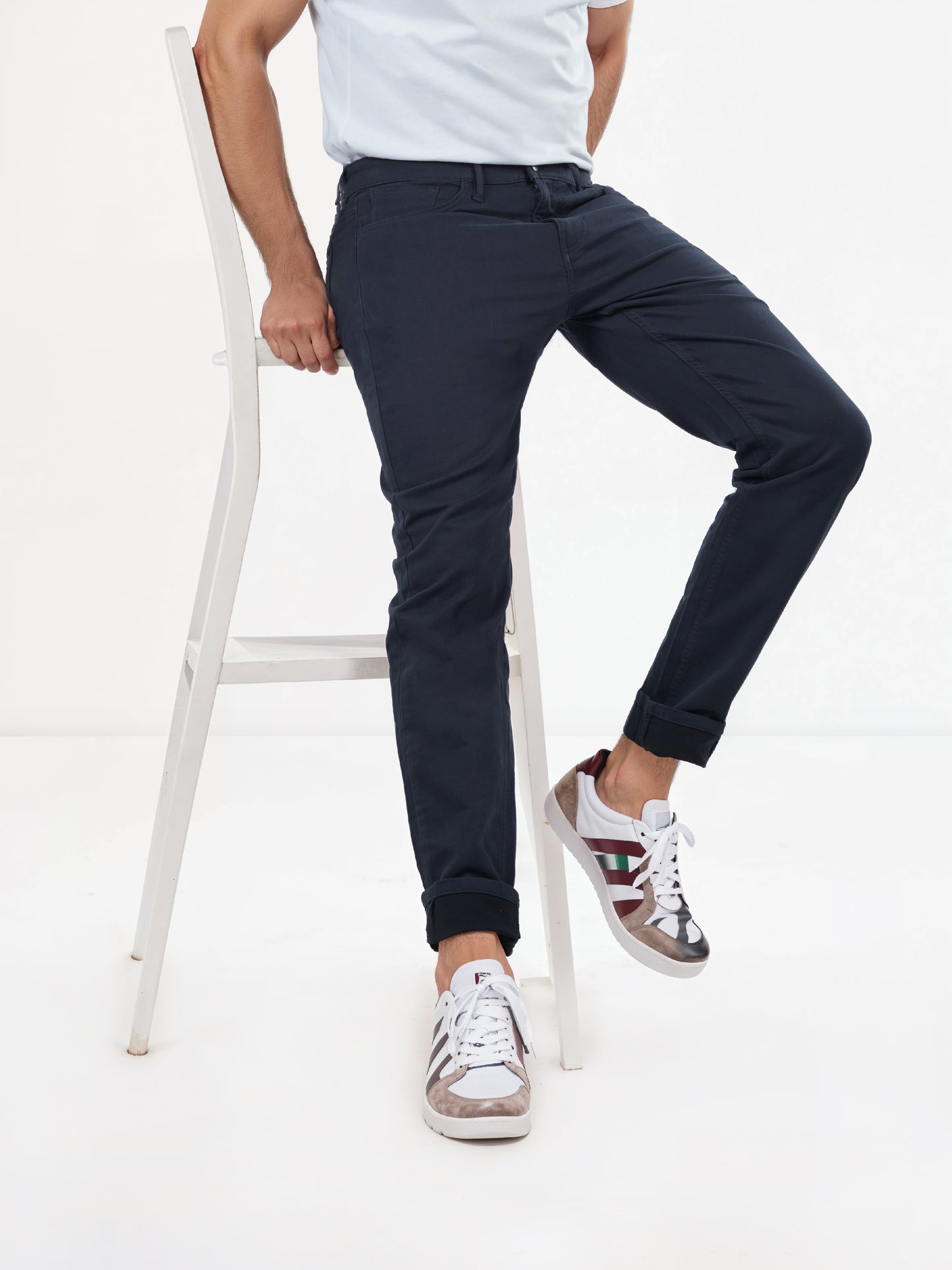 Navy Cotton Blend Blue Slim Fit Trousers