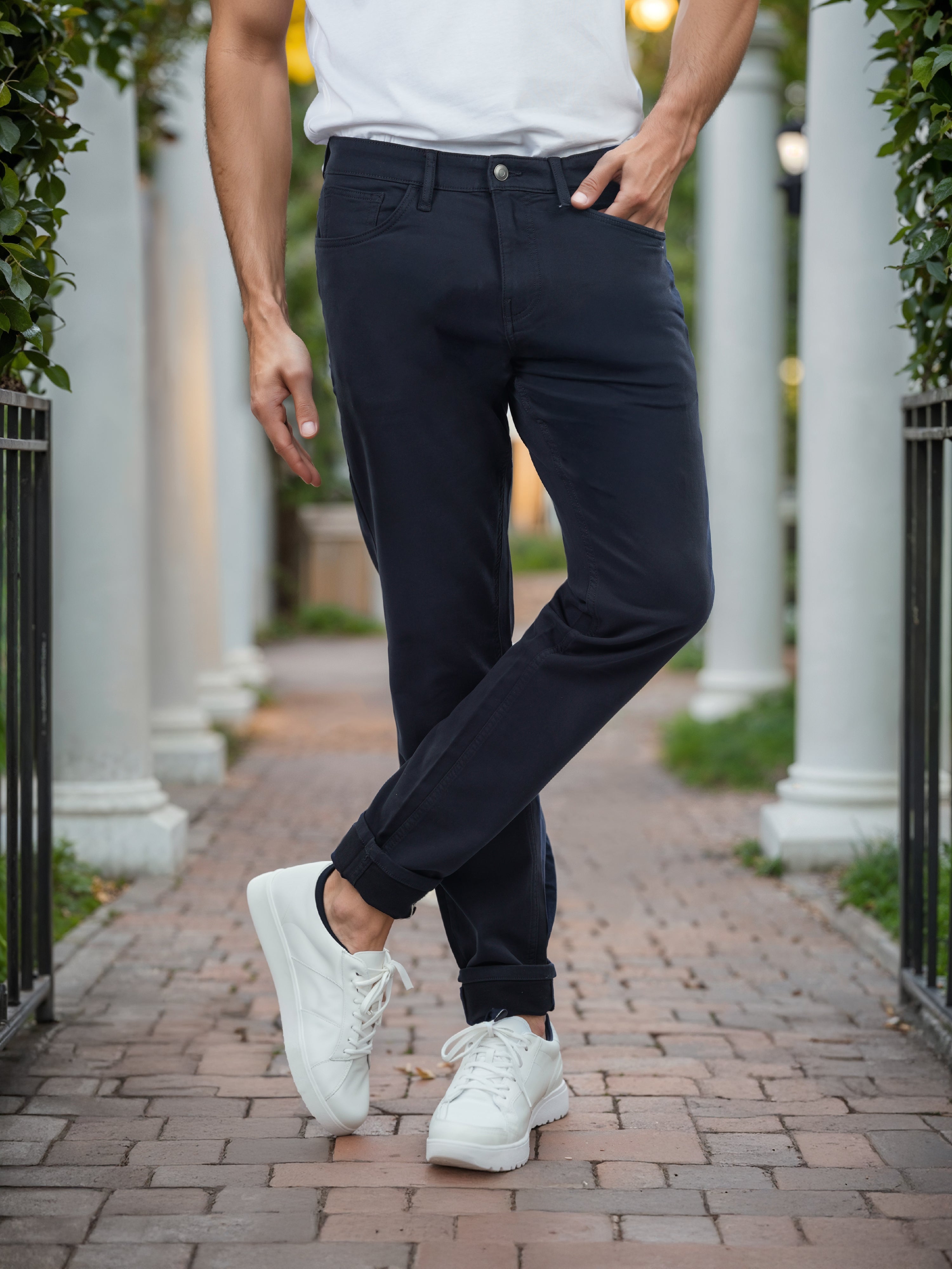 Navy Cotton Blend Blue Slim Fit Trousers