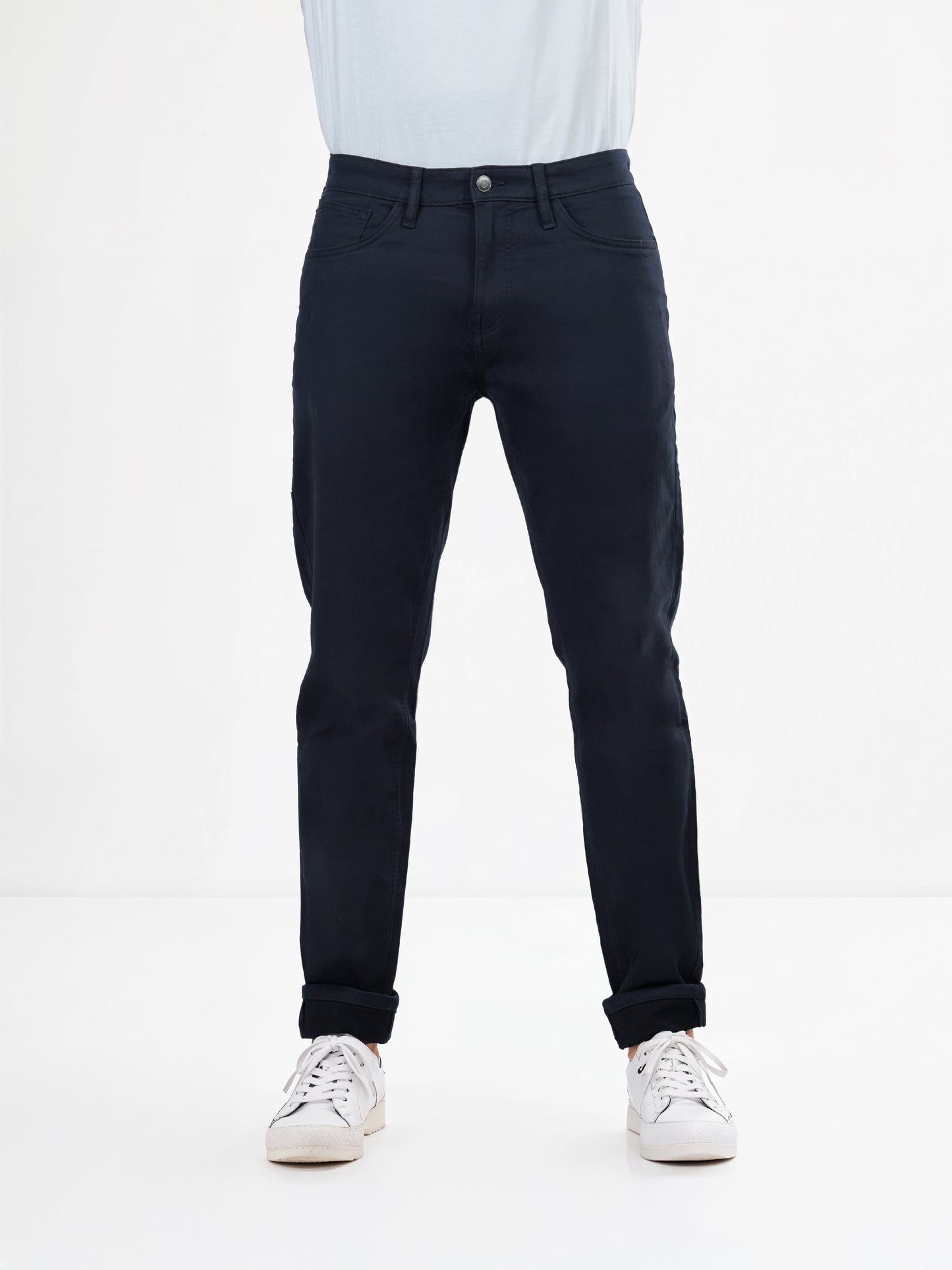 Navy Cotton Blend Blue Slim Fit Trousers