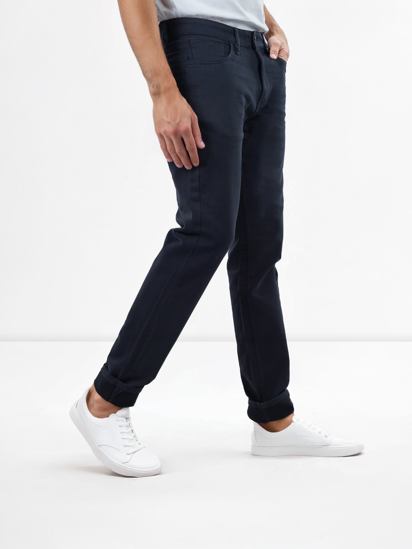 Navy Cotton Blend Blue Slim Fit Trousers