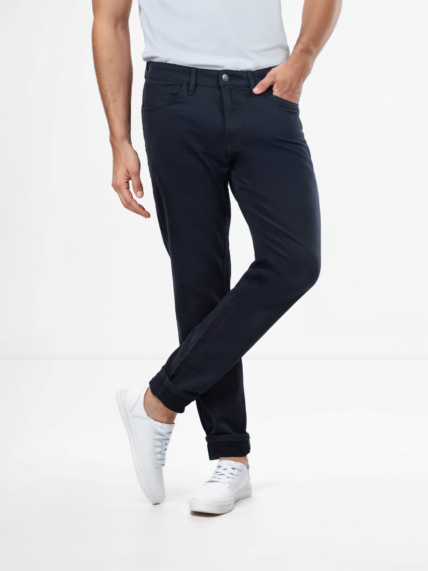 Navy Cotton Blend Blue Slim Fit Trousers