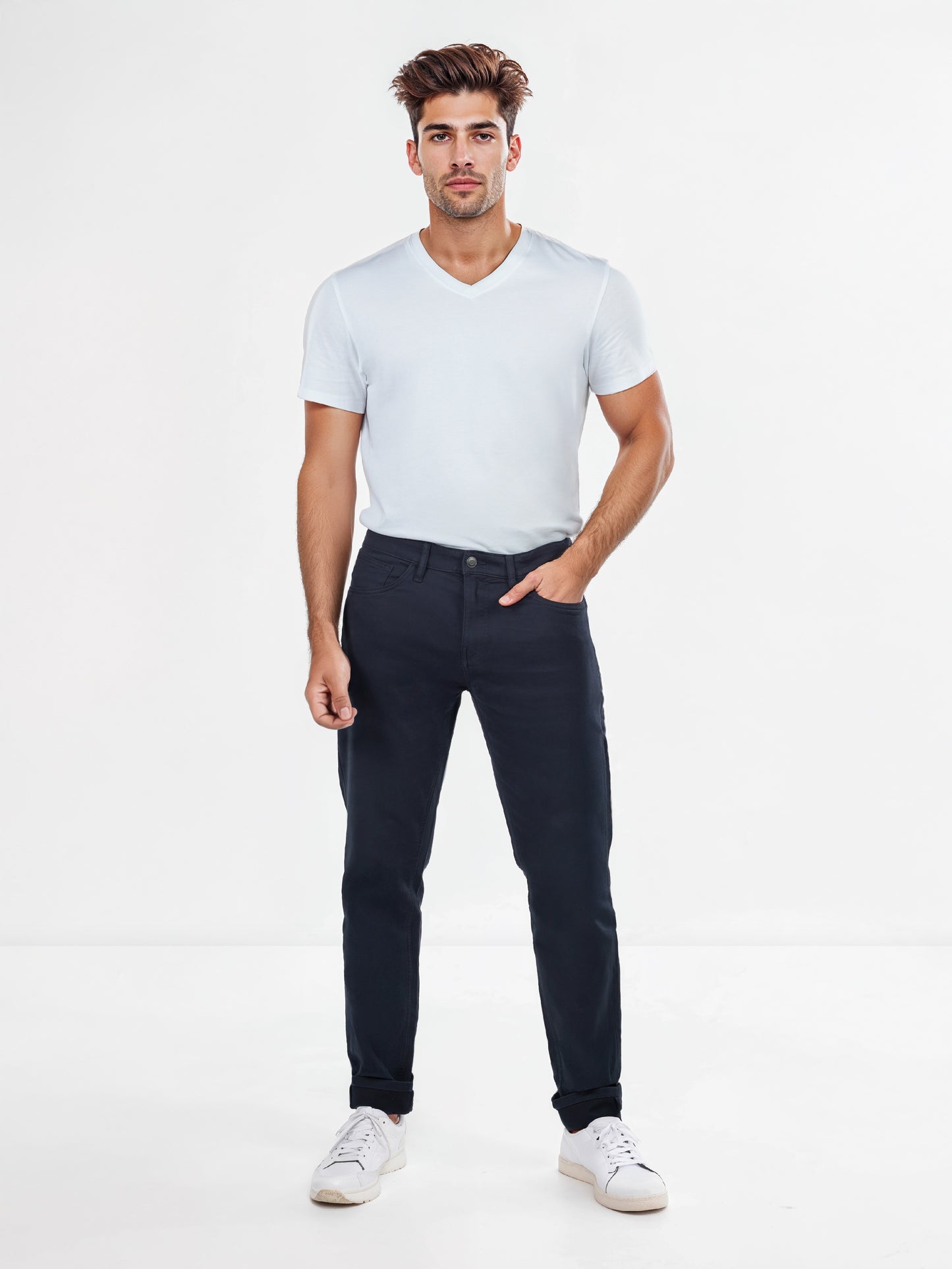 Navy Cotton Blend Blue Slim Fit Trousers