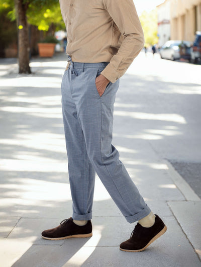 Celio Men Blue Checked Slim Fit Polyester Trousers