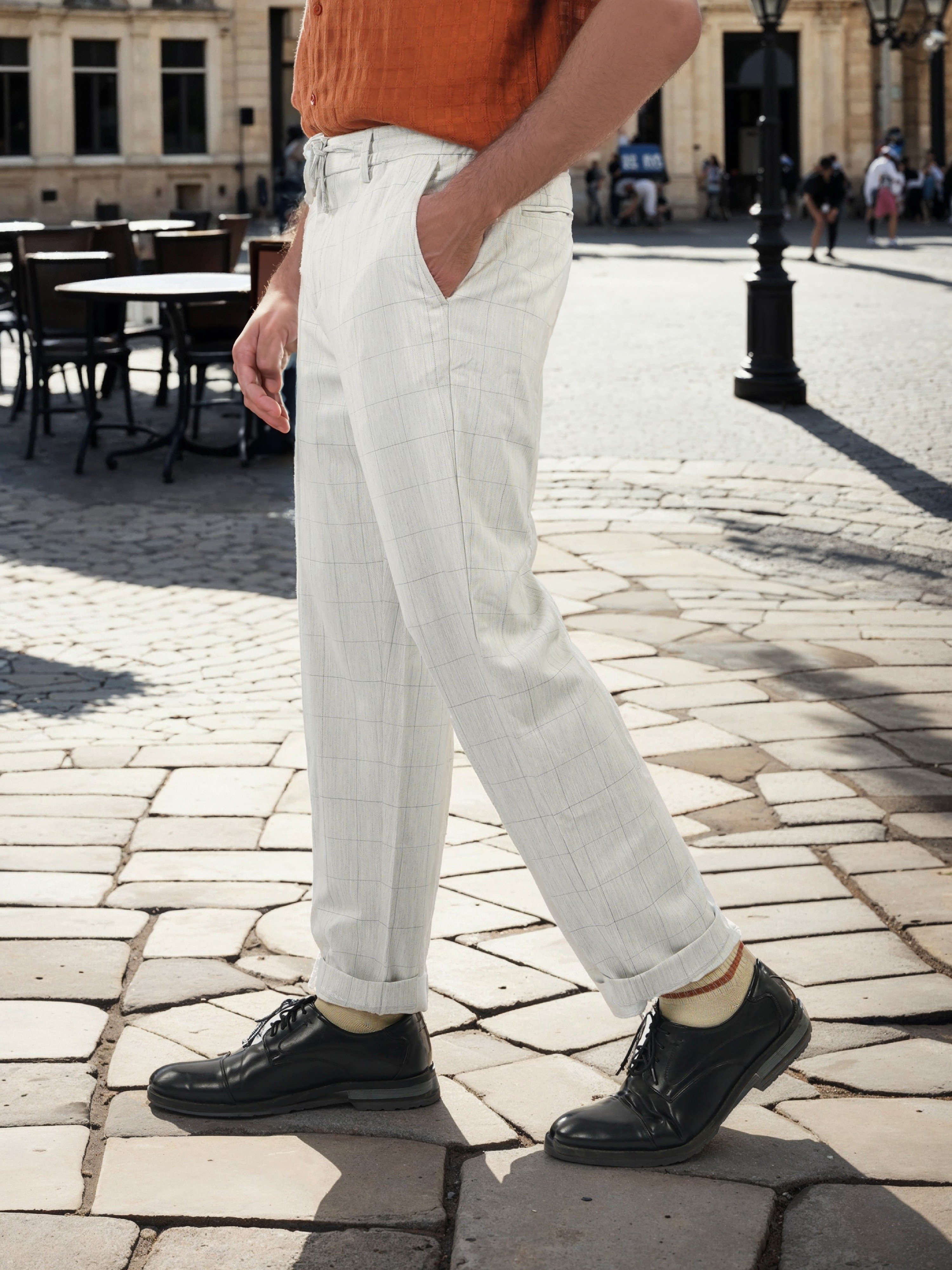 Celio Men White Checked Slim Fit Polyester Trousers