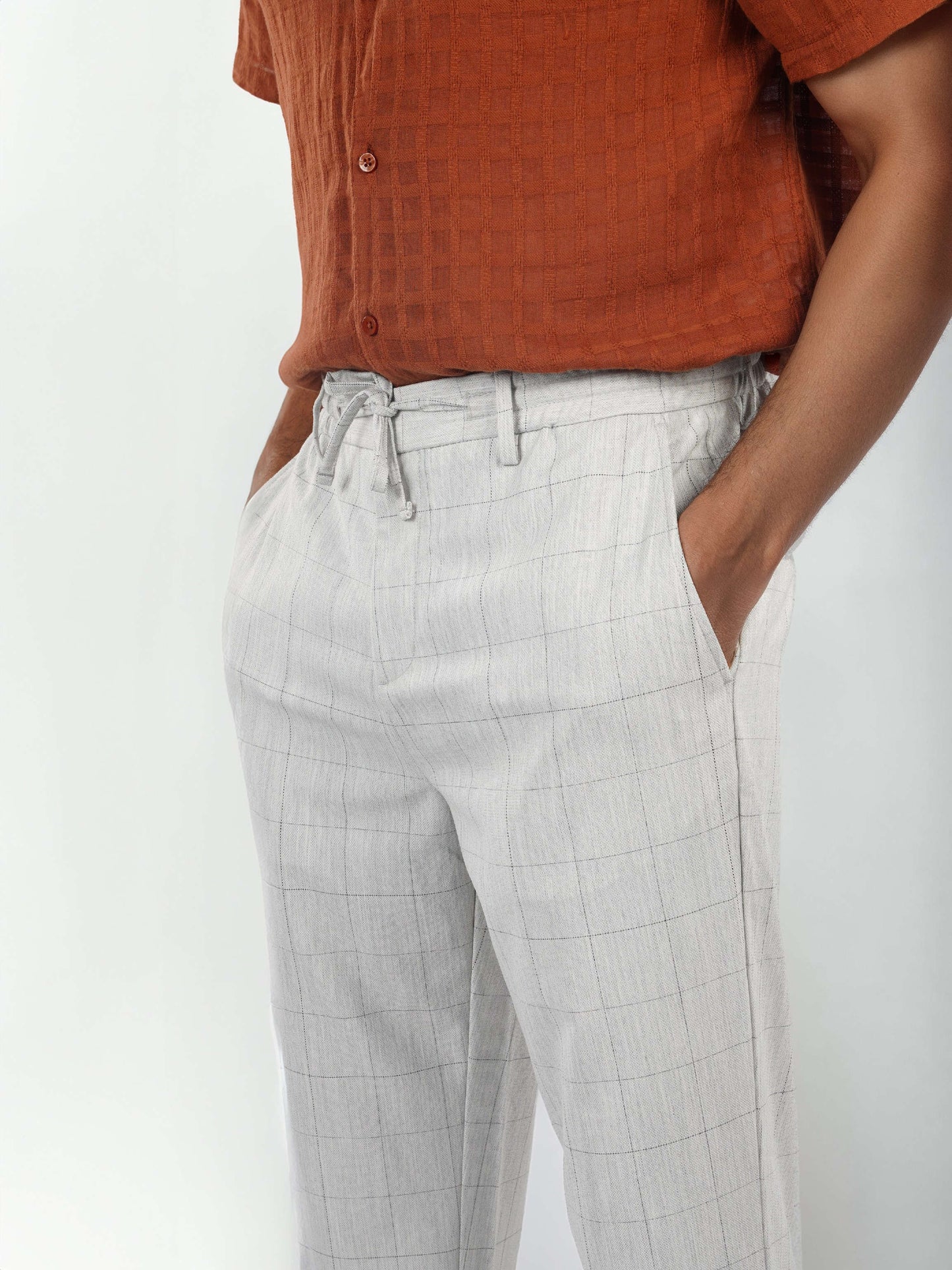 Celio Men White Checked Slim Fit Polyester Trousers