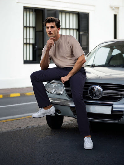 Celio Men Navy Blue Solid Straight Fit Polyester Trousers