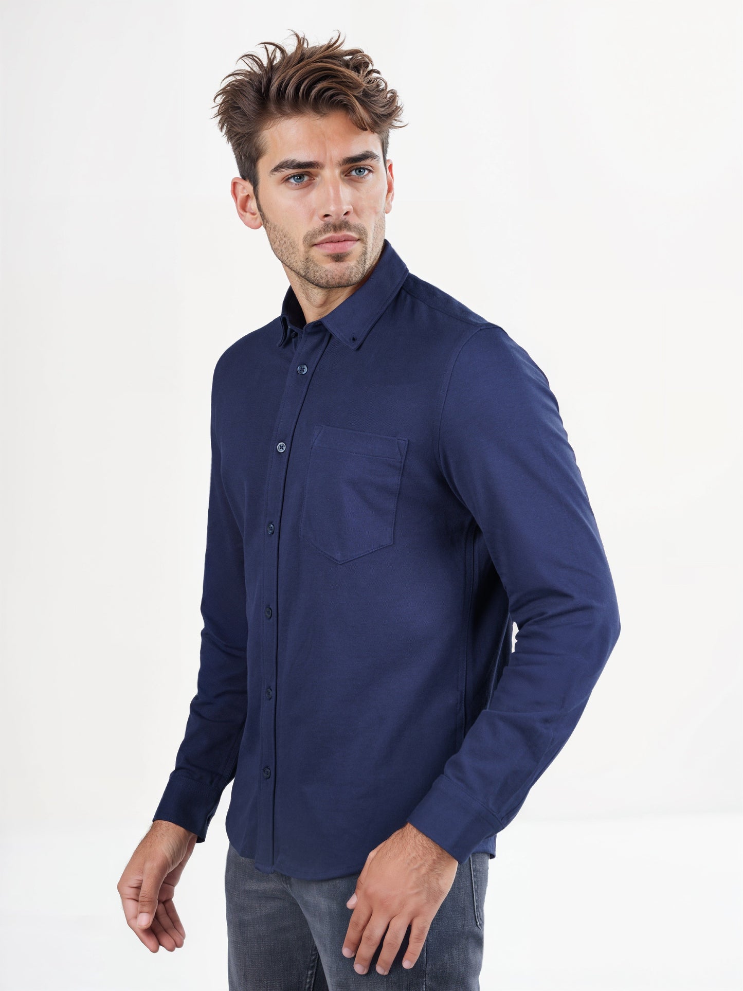 Celio* Solid Regular Fit Cotton-Blend Navy Blue Shirt