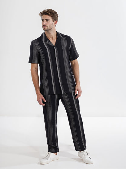 Celio* Men Black Striped Regular Fit Cotton Fashion Shirt