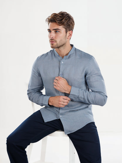 Celio* Solid Regular Fit Linen Blue Shirt