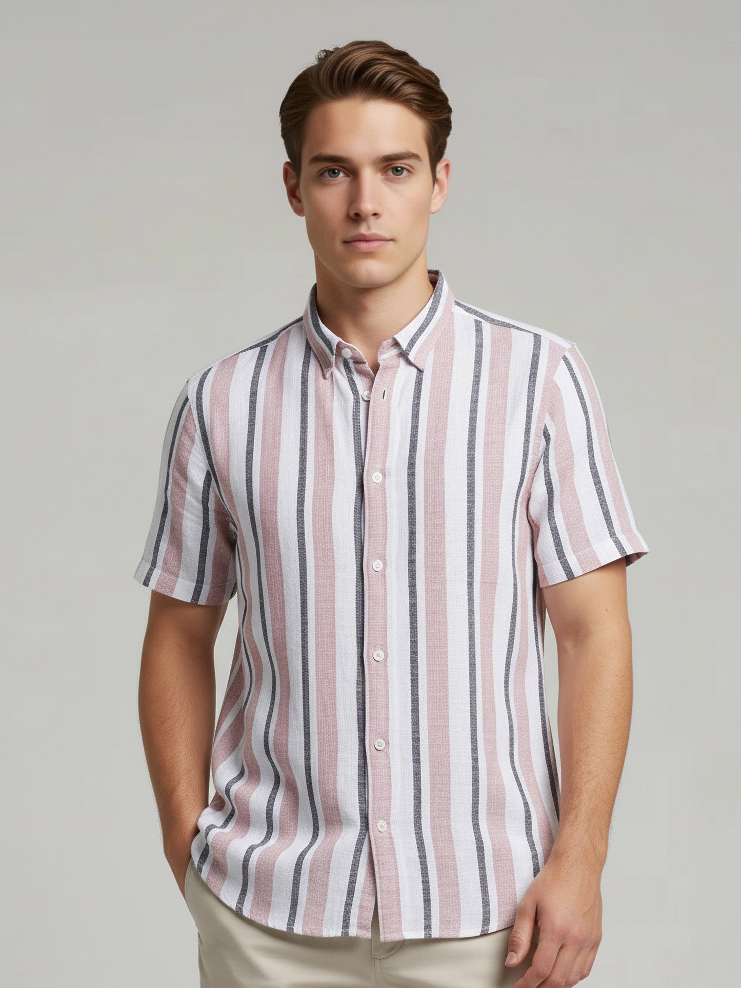 Celio* Men Pink Striped Regular Fit Cotton Shirts