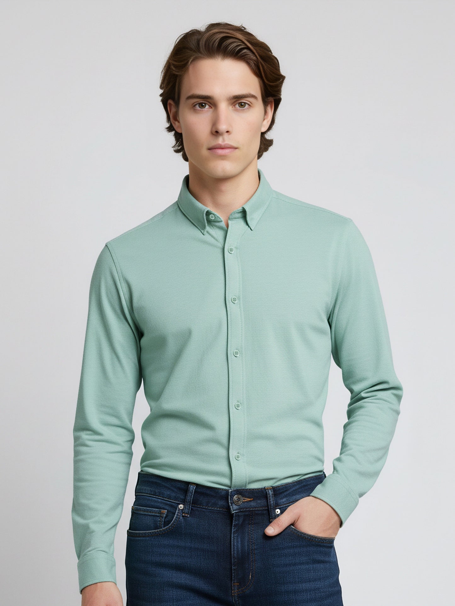 Celio* Solid Regular Fit Poly-Cotton Green Shirt