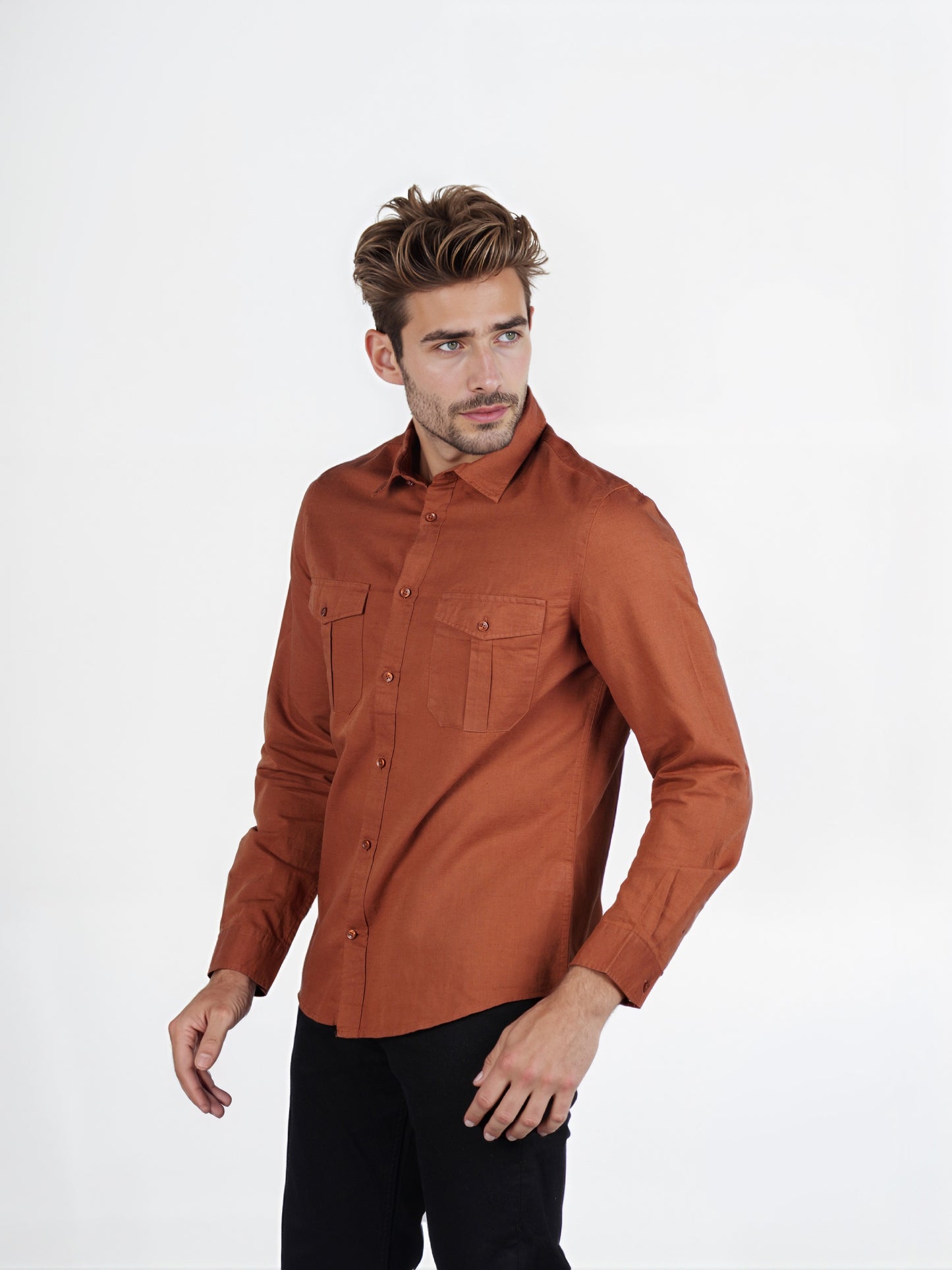 Celio* Solid Regular Fit Cotton-Linen Orange Shirt