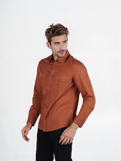 Celio* Solid Regular Fit Cotton-Linen Orange Shirt