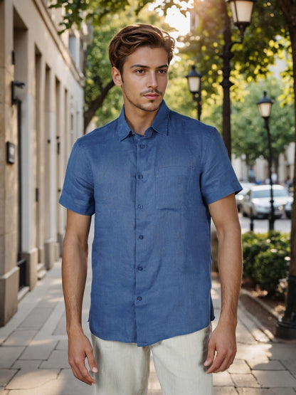Celio* Regular Fit Solid Men Blue Linen Shirts