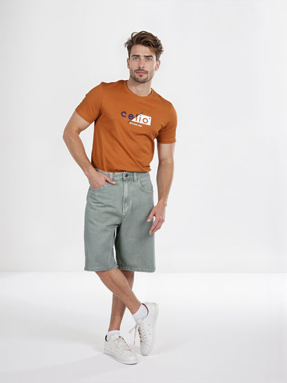 Celio* Cotton Straight Fit Olive Bermuda