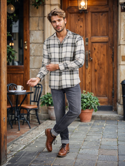 Celio* Checked Regular Fit Poly-Cotton Olive Shirt