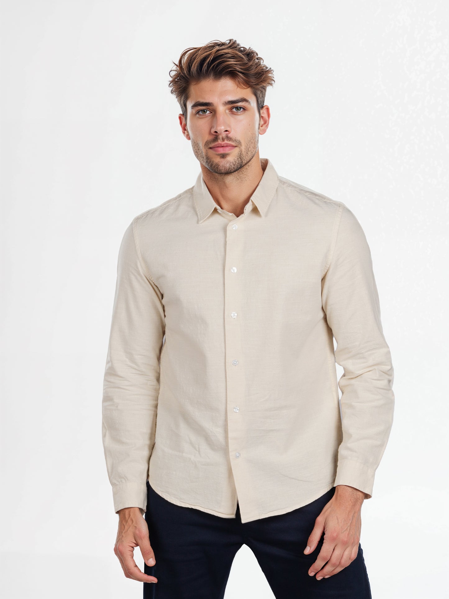 Celio* Solid Regular Fit Cotton Beige Shirt