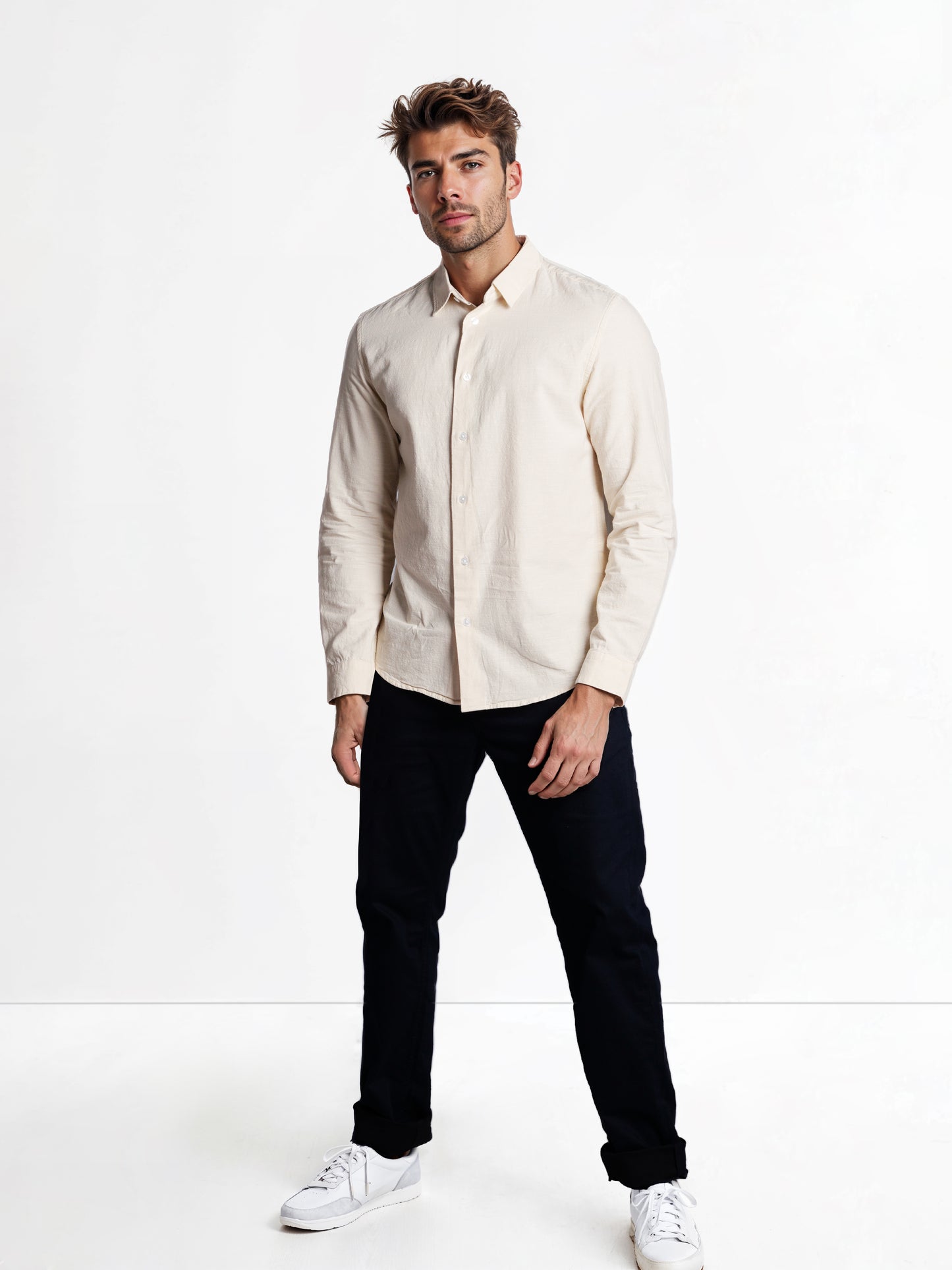 Celio* Solid Regular Fit Cotton Beige Shirt