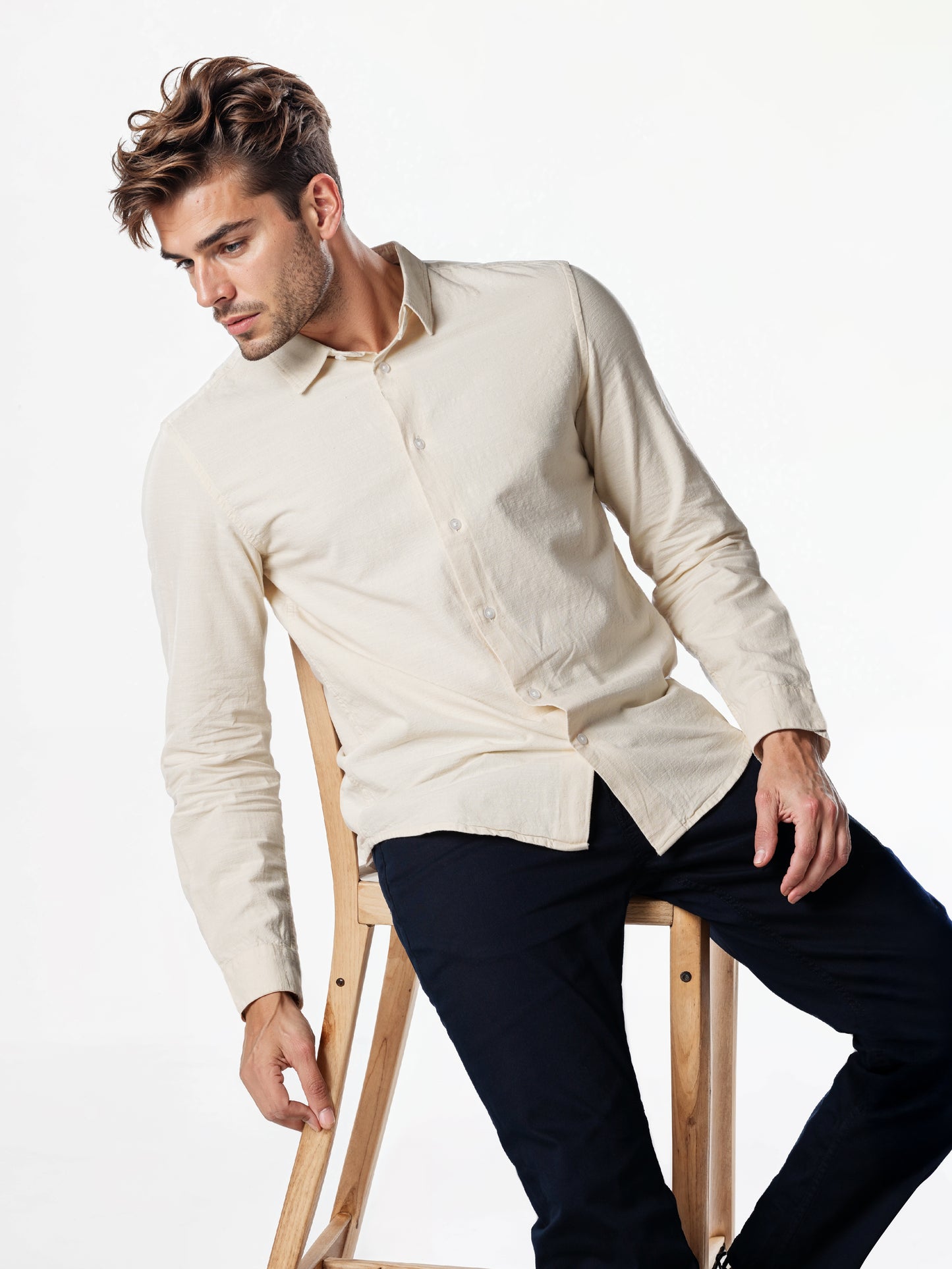 Celio* Solid Regular Fit Cotton Beige Shirt