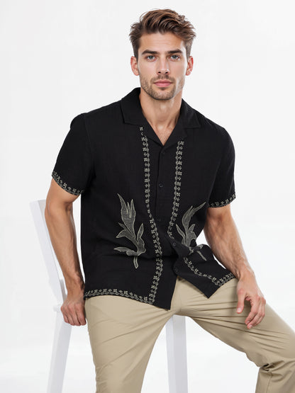 Celio* Embroidered Regular Fit Cotton Black Shirt