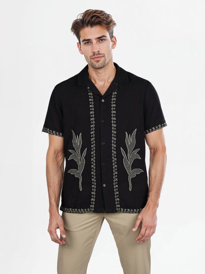 Celio* Embroidered Regular Fit Cotton Black Shirt