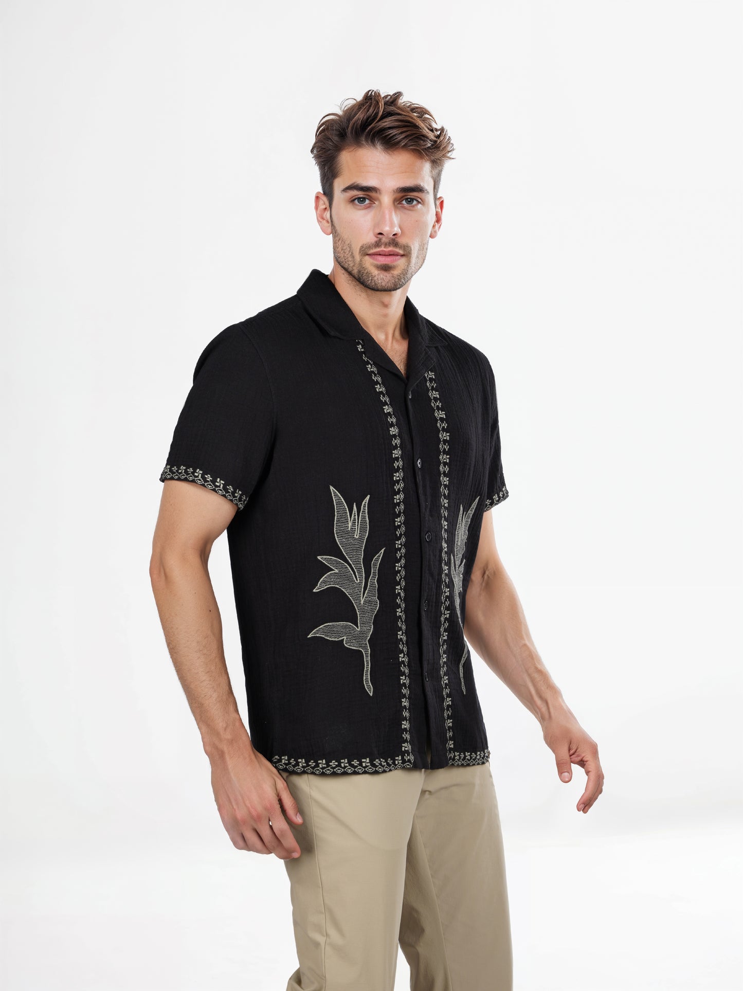 Celio* Embroidered Regular Fit Cotton Black Shirt
