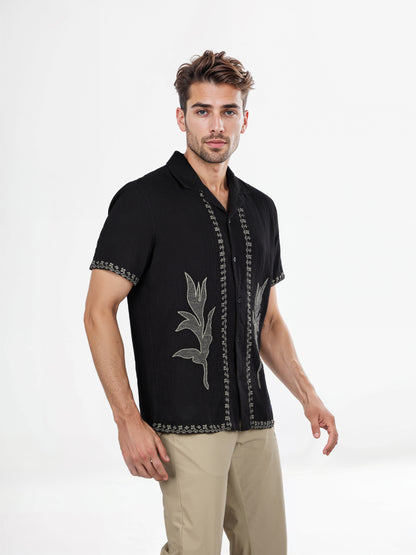 Celio* Embroidered Regular Fit Cotton Black Shirt