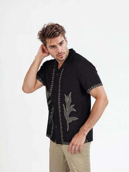 Celio* Embroidered Regular Fit Cotton Black Shirt