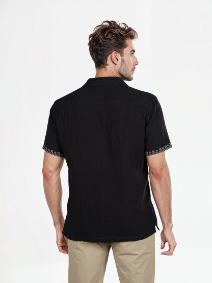 Celio* Embroidered Regular Fit Cotton Black Shirt