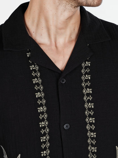 Celio* Embroidered Regular Fit Cotton Black Shirt