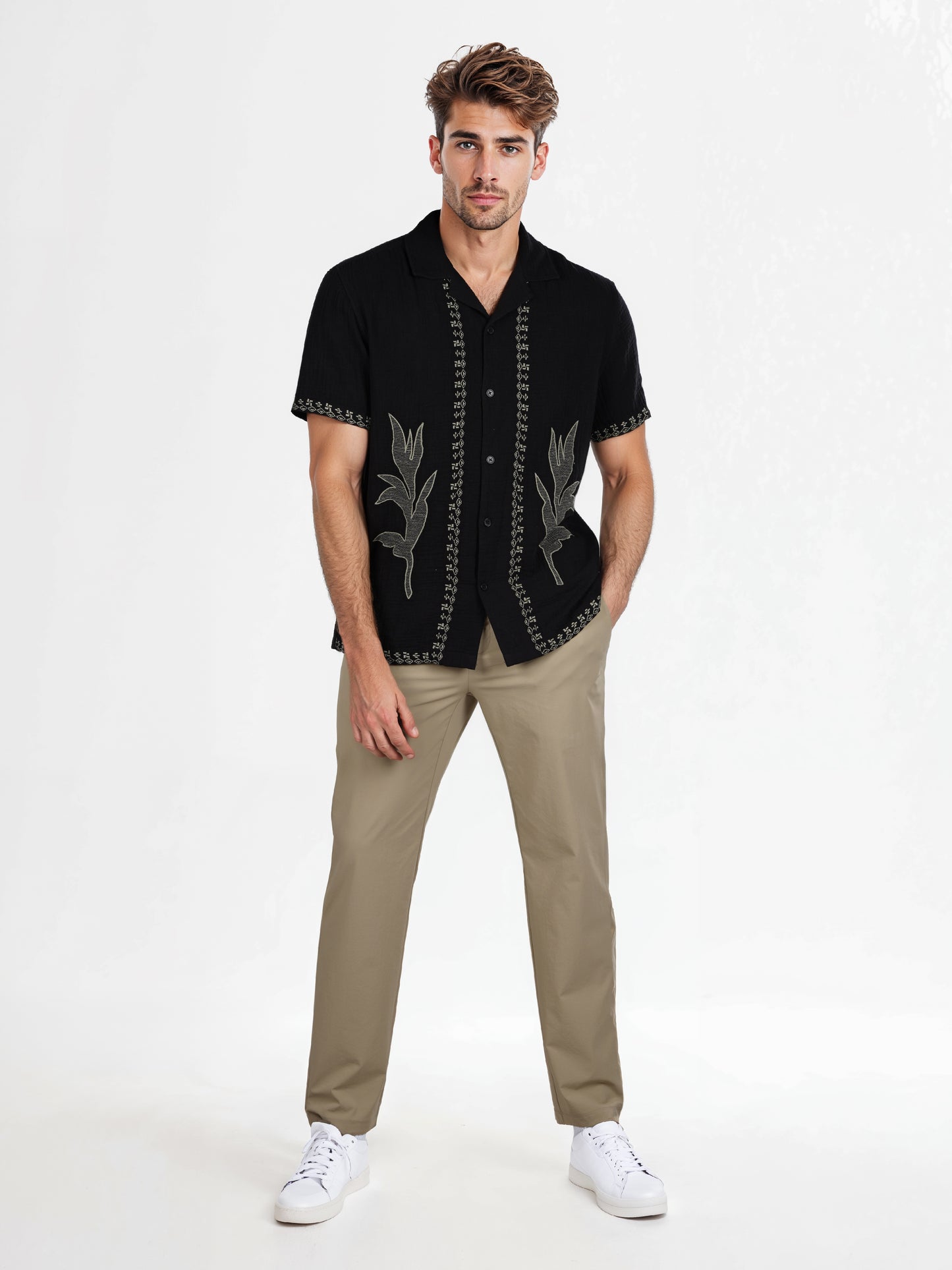 Celio* Embroidered Regular Fit Cotton Black Shirt