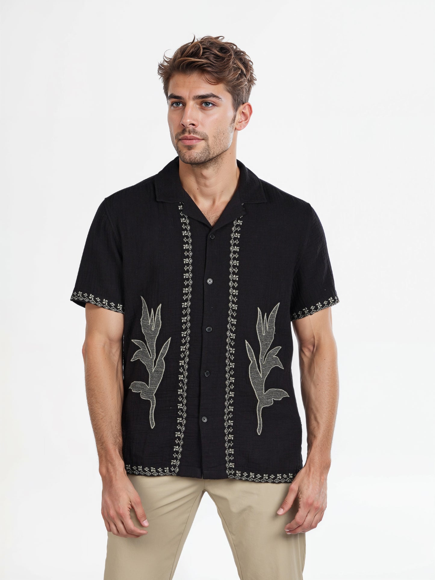 Celio* Embroidered Regular Fit Cotton Black Shirt
