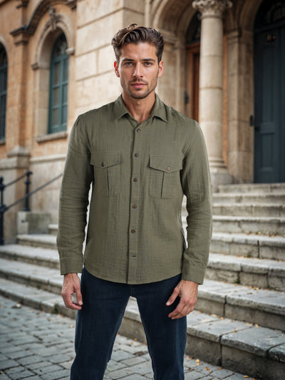 Celio* Solid Regular Fit Cotton Olive Shirt