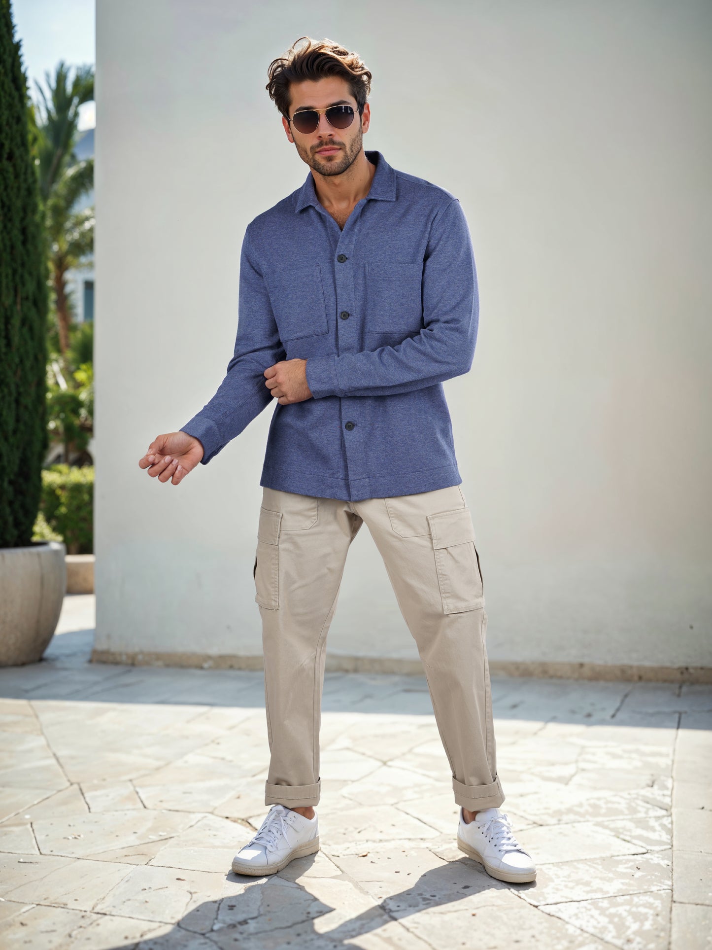 Celio* Solid Loose Fit Poly-Cotton Navy Blue Shirt