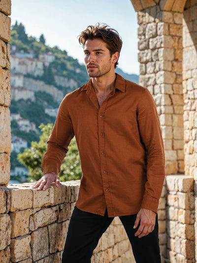 Celio* Solid Regular Fit Cotton Brown Shirt