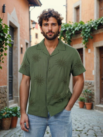 Celio* Embroidered Regular Fit Cotton Green Shirts