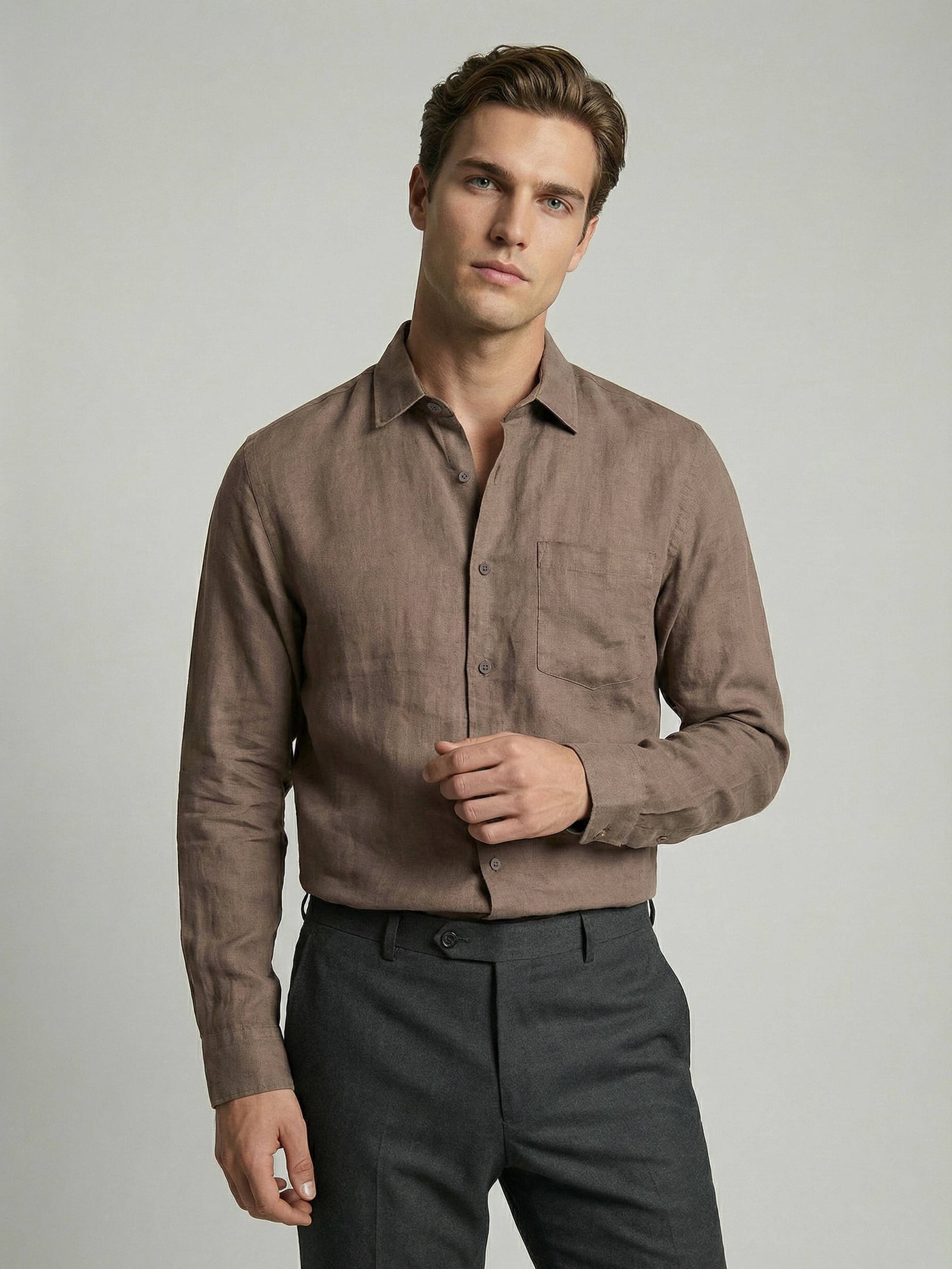Celio* Men Regular Fit 100% Linen Brown Solid Shirt
