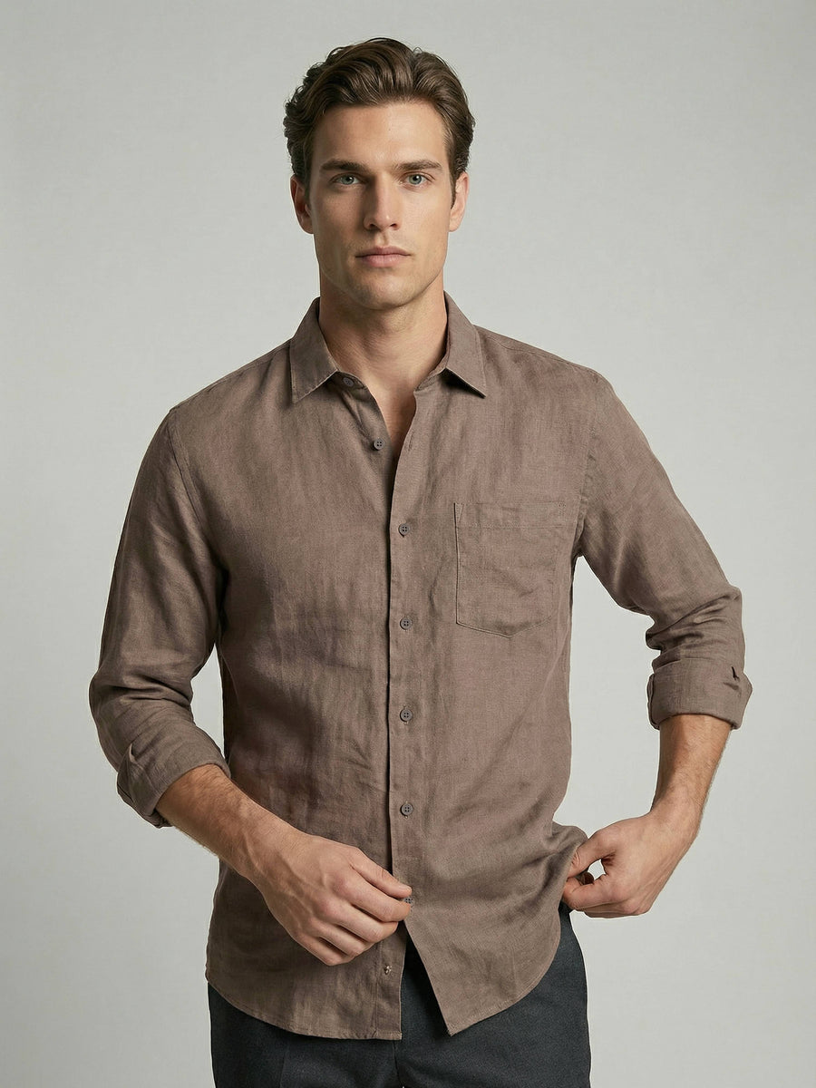 Celio* Men Regular Fit 100% Linen Brown Solid Shirt
