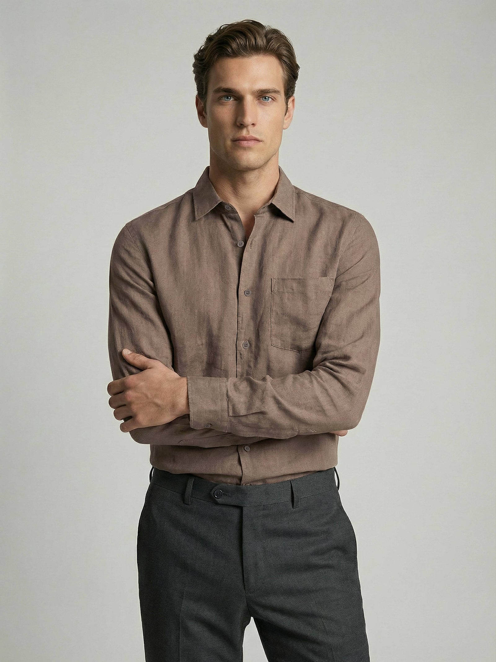 Celio* Men Regular Fit 100% Linen Brown Solid Shirt