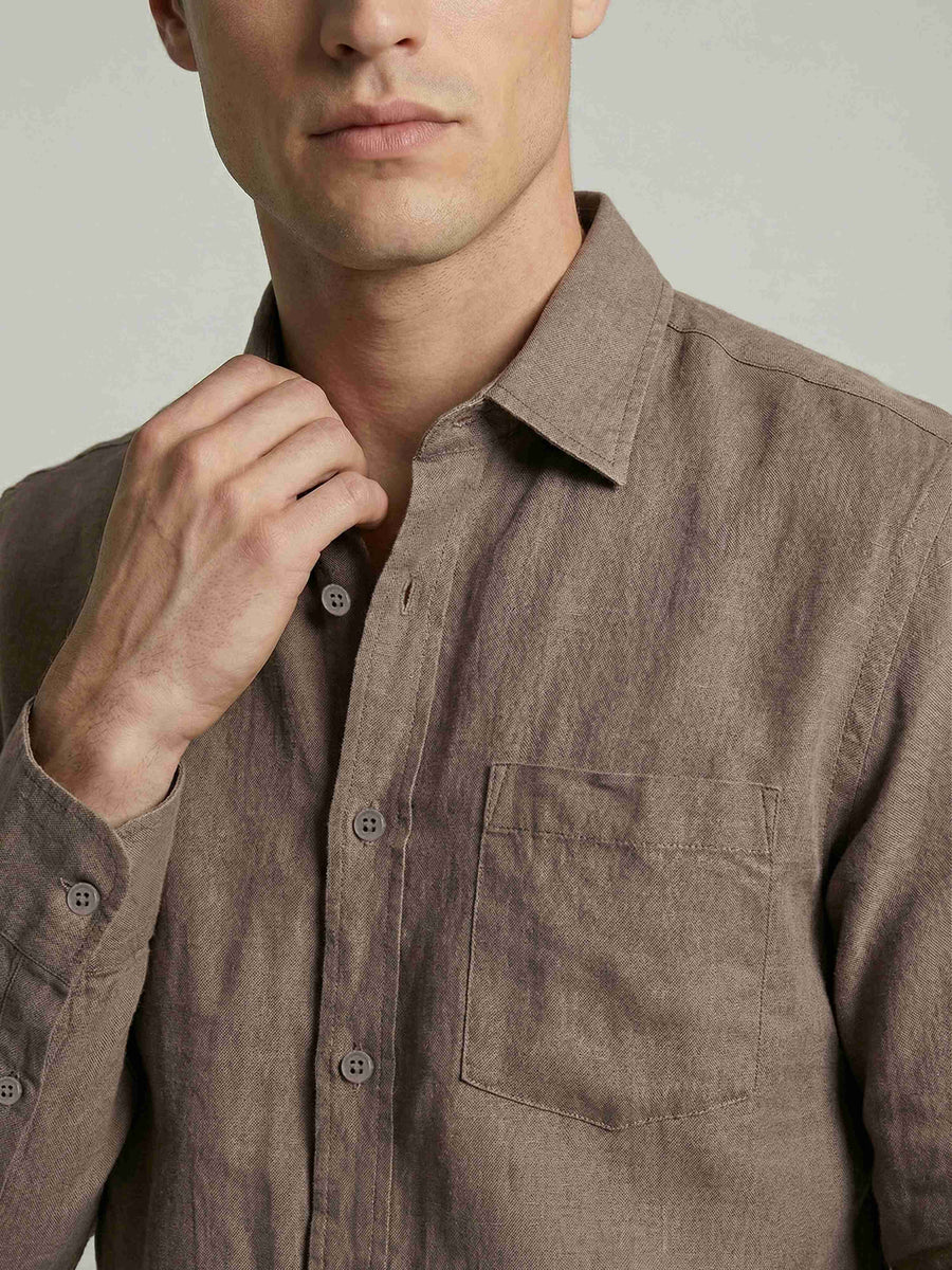 Celio* Men Regular Fit 100% Linen Brown Solid Shirt