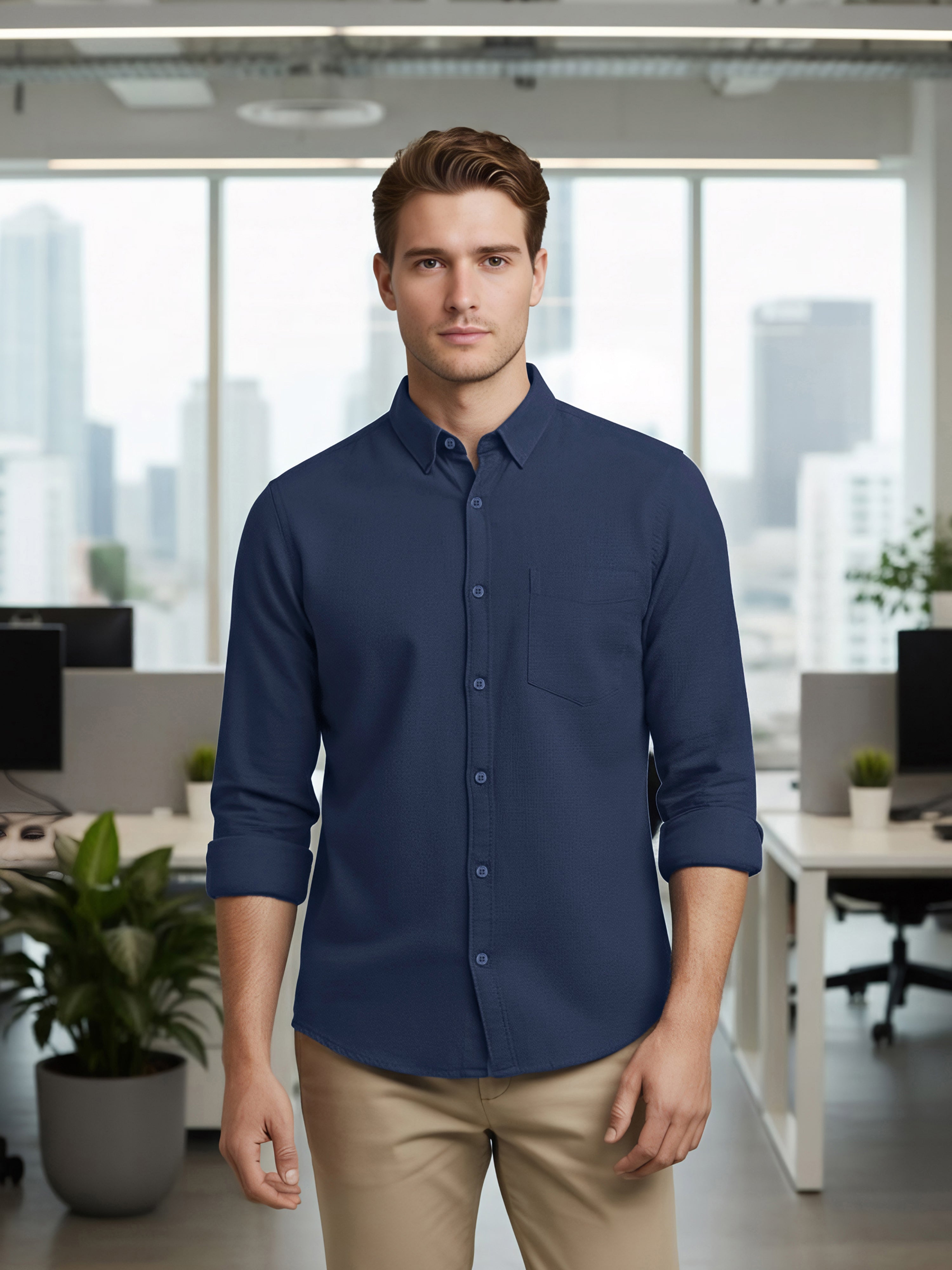 Celio Men Blue Solid Regular Fit Linen Shirts