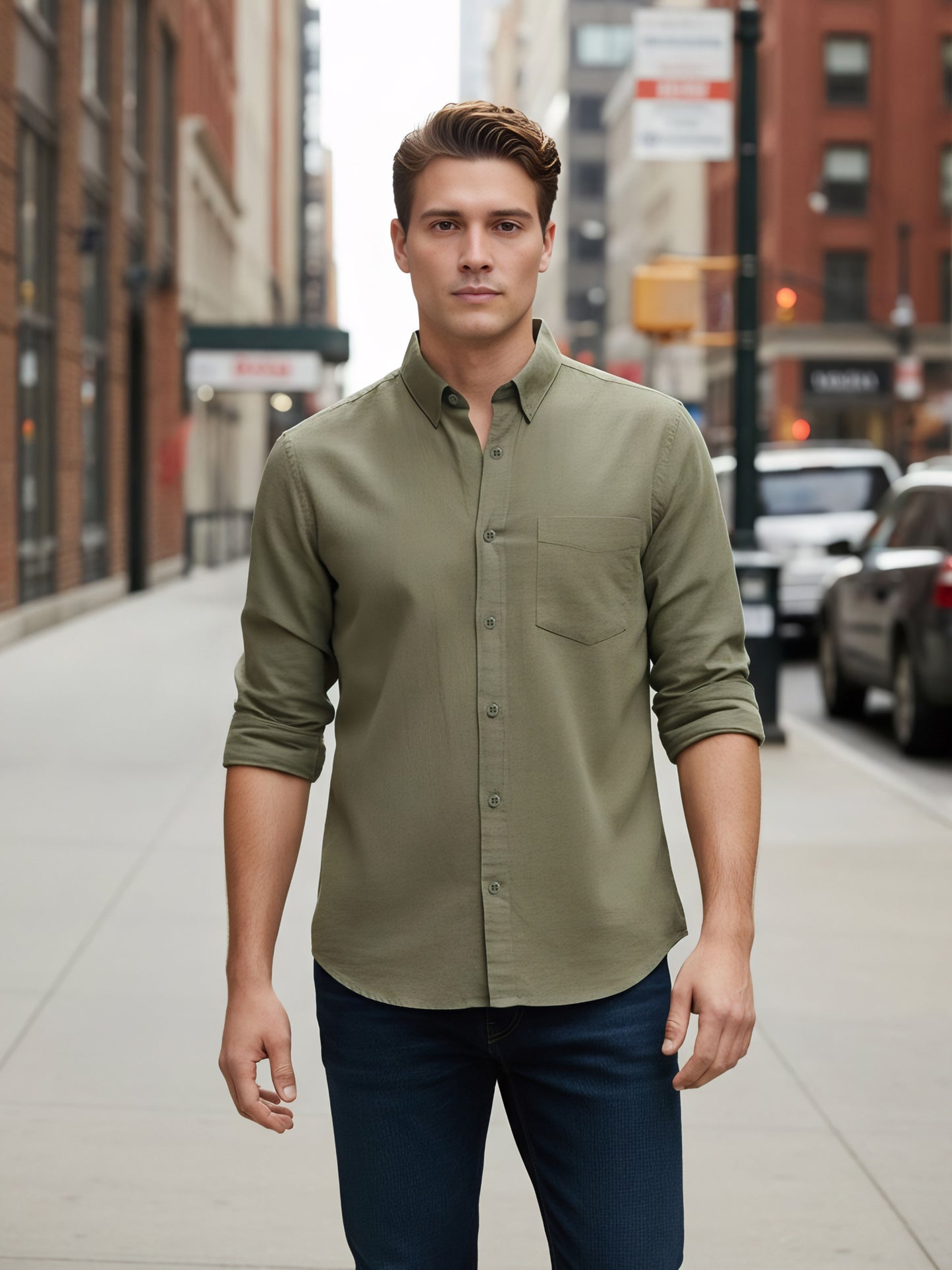 Celio* Solid Olive Men Regular Fit Linen Shirts
