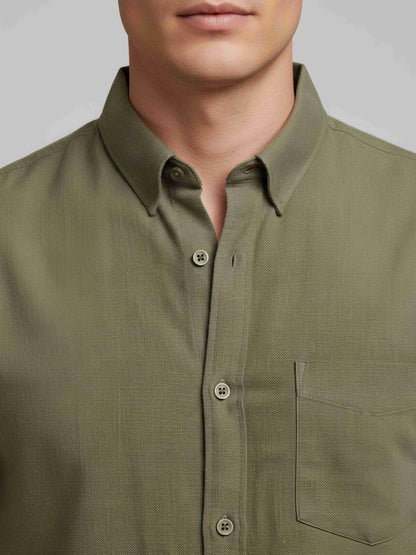 Celio* Solid Olive Men Regular Fit Linen Shirts